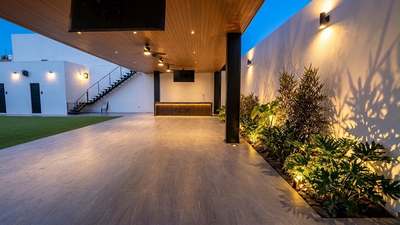 Terraza iluminada de noche